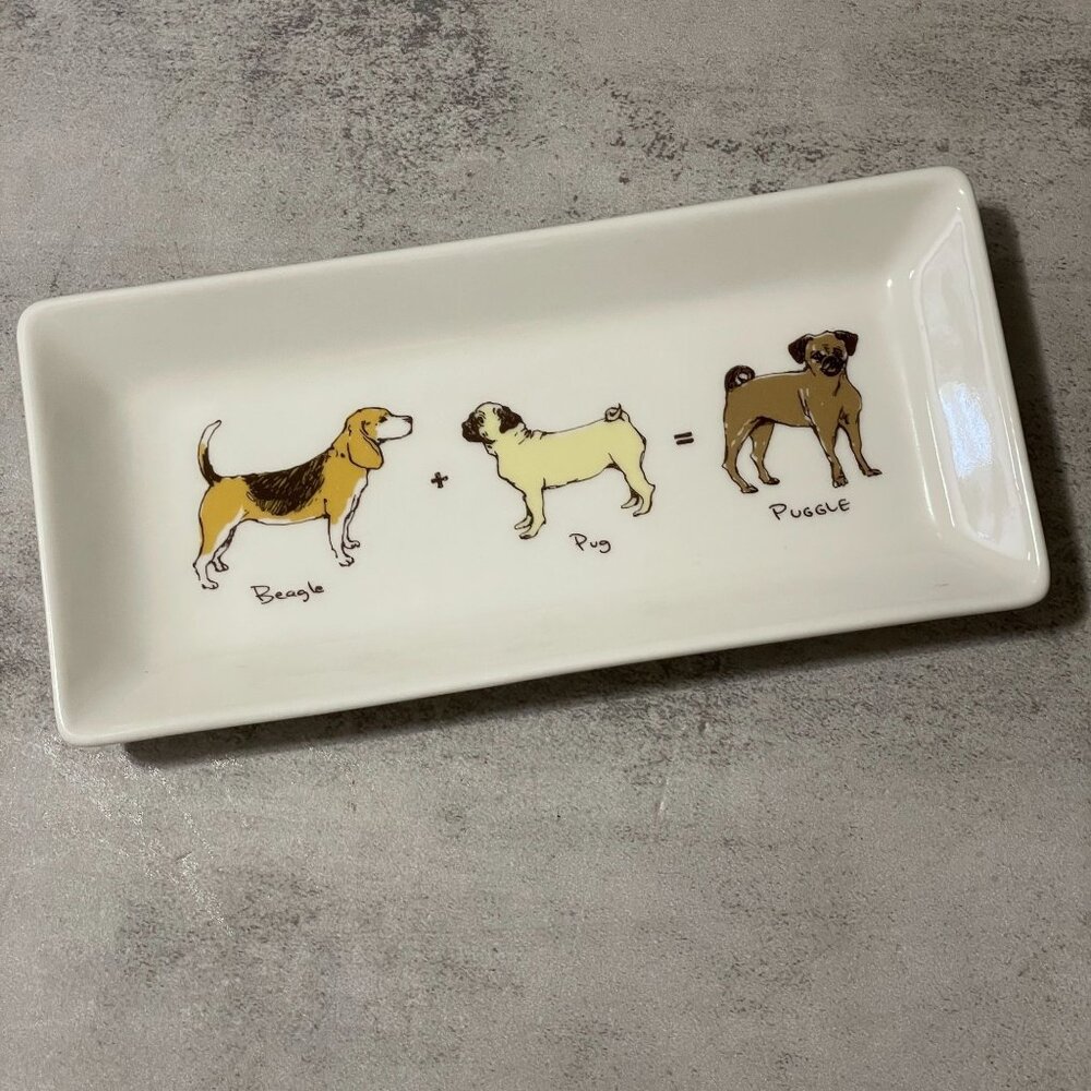 Fishs Eddy Sara Mills Puggle Beagle Pug 7" Rectangular Ceramic Tray Dog Lover